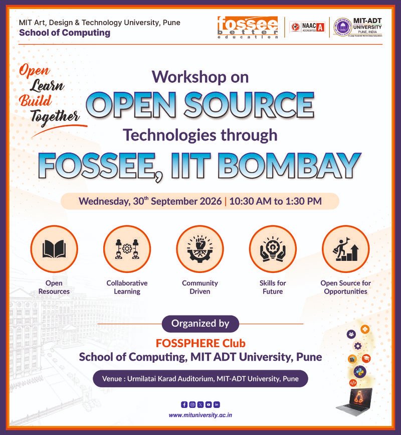 FOSSEE's tweet photo. #FOSSEE, #IITBombay, collaborated with FOSSPHERE – MIT ADT University &amp; the School of Computing, Pune for an engaging workshop on #OpenSource Technologies.

Students explored how #FOSS can empower them to #Learn, #Build  &amp; #Innovate with real-world impact.

📩 info@fossee.in https://t.co/oORwd1ucD3