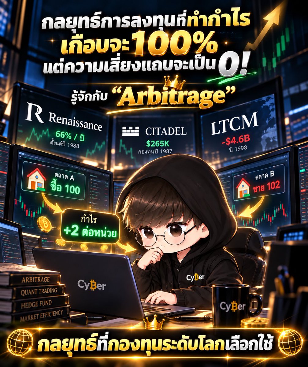 Cyber__trader's tweet photo. กองทุนที่ทำผลตอบแทนเฉลี่ย 66% ต่อปี ติดต่อกันกว่า 30 ปี ไม่ได้ใช้วิธีเดาว่าหุ้นจะขึ้นหรือลงเลย 🔥

แต่ใช้กลยุทธ์ที่ Hedge fund ระดับโลกเรียกว่า "ราชาของกลยุทธ์" แล้วมันคืออะไรกัน?

วันนี้ผมจะมาพูดถึงการ “Arbitrage” กลยุทธ์เบอร์ 1 ของโลกการลงทุนครับ

Arbitrage คือ การหากำไรจาก "ส่วนต่างราคา" ของสิ่งเดียวกันที่ขายอยู่ต่างที่ ต่างเวลา หรือต่างรูปแบบ

ยกตัวอย่างง่ายๆ ถ้าสินค้าชิ้นเดียวกันขายที่ตลาด A ราคา 100 แต่ตลาด B มีคนรับซื้อที่ 102 ถ้าเราซื้อที่ A แล้วขายที่ B พร้อมกันทันที จะได้กำไร 2 บาทต่อหน่วย โดยไม่สนเลยว่าหลังจากนั้นราคาจะขึ้นหรือลง และความเสี่ยงแทบจะเป็นศูนย์ 

ในโลกการเงินจริง ส่วนต่างแบบนี้เกิดขึ้นได้หลายรูปแบบ ไม่ว่าจะราคา ETF เทียบกับมูลค่าสินทรัพย์จริงข้างใน, ราคา Futures เทียบกับราคาปัจจุบัน, หุ้นที่กำลังจะถูกควบรวมกิจการ หรือแม้แต่ราคาสินทรัพย์ตัวเดียวกันในคนละตลาด

แล้วทำไมมันถึงเป็นกลยุทธ์ที่ทรงพลังที่นักลงทุนสถาบันยอมรับ?

เพราะกำไรไม่ได้มาจากการเดาทิศทาง แต่มาจากความไม่สมดุลที่ต้องกลับมาบรรจบกัน ความเสี่ยงต่อรอบจึงต่ำกว่าการเก็งทิศทางมาก ทำซ้ำได้เป็นพันเป็นหมื่นครั้ง แล้วผลตอบแทนเล็กๆ ก็ทบต้นกลายเป็นก้อนใหญ่ได้

ลองมาดูกองทุน Hedge fund ตัวจริงที่ใช้กลยุทธ์นี้กันครับ

Renaissance Technologies กองทุน Medallion ใช้ Statistical arbitrage ด้วยโมเดลคณิตศาสตร์ ผลตอบแทนเฉลี่ยราว 66% ต่อปีก่อนหักค่าธรรมเนียม หรือราว 39% หลังหัก ตั้งแต่ปี 1988 ดีจนปิดรับเงินคนนอกไปตั้งแต่ปี 1993

Citadel ของ Ken Griffin เริ่มจากทำ Convertible arbitrage ตั้งแต่ยังเรียนอยู่ Harvard เปิดกองแรกปี 1987 ด้วยเงินแค่ $265K ก่อนจะตั้ง Citadel ในปี 1990 และกลายเป็นหนึ่งในบริษัทการเงินที่ใหญ่ที่สุดในโลก

แต่ Arbitrage ก็มีด้านมืดเช่นกัน LTCM กองทุนที่มีเจ้าของรางวัลโนเบลถึง 2 คน ใช้ Convergence arbitrage แต่ใช้ Leverage เกิน 25 เท่า แล้วขาดทุน $4.6B ในไม่ถึง 4 เดือนเมื่อปี 1998 จนธนาคาร 14 แห่งต้องเข้าไปอุ้ม 🥶

แม้กำไรต่อรอบเล็กแค่ไหน ถ้าใส่ Leverage หนักเกินไป ความผิดพลาดครั้งเดียวก็ลบทุกอย่างได้เช่นกัน

คำถามคนทั่วไปทำได้ไหม?

คำตอบคือได้ “แต่ยากมากครับผม”

เพราะความเร็วเป็นจุดตัดสำคัญ ส่วนต่างราคาในตลาดใหญ่ถูกปิดในเสี้ยววินาทีโดยคอมพิวเตอร์ของสถาบัน
ต้นทุน ค่าธรรมเนียม ค่า Spread ภาษี อาจกินส่วนต่างเล็กๆ จนไม่เหลือกำไร

อีกทั้งสัดส่วนทุน กำไรต่อหน่วยเล็กมาก ต้องใช้เงินก้อนใหญ่ถึงจะคุ้ม
และการเข้าถึง บางกลยุทธ์ต้องขายชอร์ตหรือยืมหุ้นได้ ซึ่งนักลงทุนรายย่อยทำได้อย่างจำกัด

แต่ปัญหาใหญ่สุดคือ Execution risk การทำจริง ถ้าซื้อได้ขาหนึ่ง แต่อีกขาหนึ่งทำไม่ทัน สิ่งที่คิดว่าไม่มีความเสี่ยงก็กลายเป็นการเก็งกำไรทันที เพราะของติดมือ แต่ขายออกไม่ทันนั่นเอง

มุมมองส่วนตัวของผมในฐานะนักลงทุน

พูดกันตรงๆ ผมกับเพื่อนอีกหลายคนก็ทำ Arbitrage อยู่เหมือนกัน แต่ขอบอกตรงๆ ว่ามันไม่ใช่เงินฟรี และเป็นการ Arbitrage อย่างง่ายที่กำไรไม่ได้สูงมาก ต้องเน้นเข้าใจกลไกของสิ่งที่เทรดอย่างลึกซึ้ง และต้องช่างสังเกต เพราะโอกาสแบบนี้มักซ่อนอยู่ในมุมที่คนส่วนใหญ่มองข้ามครับผม

Upside ในฝั่งกำไรถือว่าดีมากถ้าเทียบกับความเสี่ยง แต่ก็มีเพดานจำกัดในตัว เพราะส่วนต่างมีจำกัด และพอคนรู้มากขึ้น ทำมากขึ้น ช่องว่างก็จะแคบลงจนหายไปเองครับ

ในขณะที่คนส่วนใหญ่พยายามทายว่าตลาดจะไปทางไหน แต่นักลงทุนบางกลุ่มหาเงินจากช่องว่างที่ตลาดยังมองไม่เห็น แบบแทบจะไร้ความเสี่ยงแบบชิลๆ 

ถ้าเพื่อนๆ คนไหนอยากรู้ว่ากลยุทธ์ Arbitrage ที่ผมทำอยู่จริงๆ คืออะไร คอมเม้นคำว่า "arbitrage" ไว้ด้านล่าง แล้วผมจะทำโพสต์เล่าให้ฟังแบบละเอียดครับ 👇

#Arbitrage #HedgeFund #ลงทุน #การเงิน