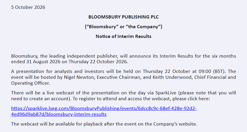 entrustTMF's tweet photo. #BMY Bloomsbury Notice of Interim Results
https://t.co/YkJz2o0DaY https://t.co/m4hvcJKGL8