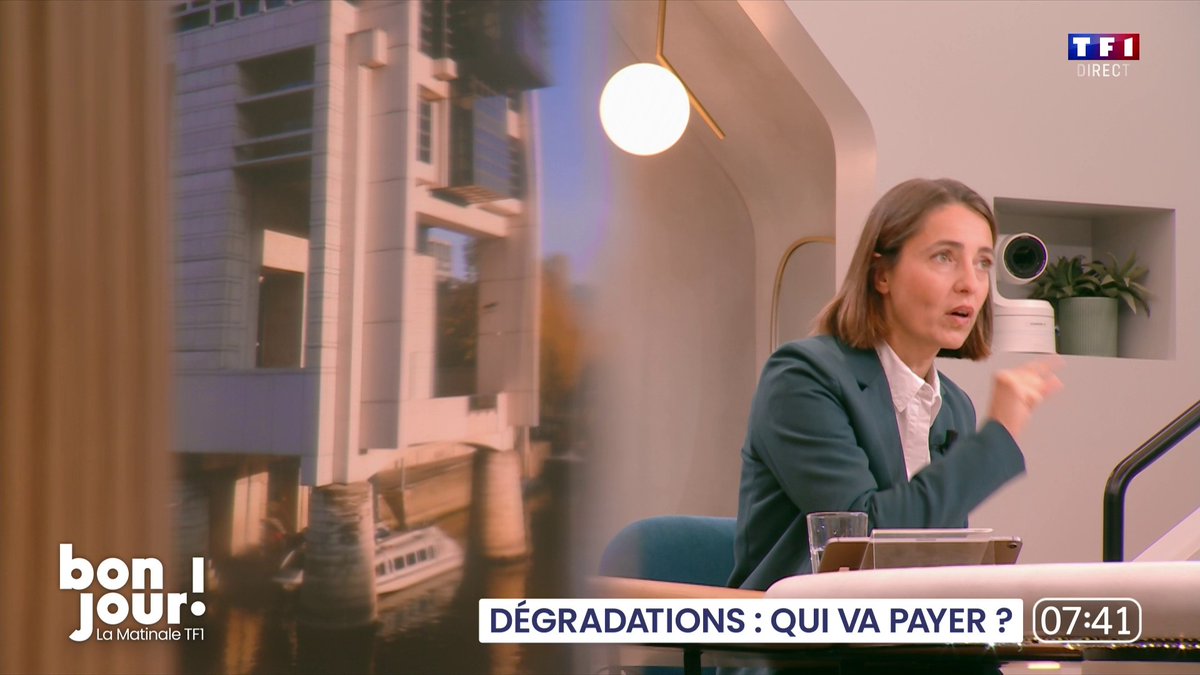 A woman in a teal blazer speaks on the French morning show "Bonjour! La Matinale TF1" at 07:41, with the headline "DÉGRADATIONS: QUI VA PAYER?" displayed, highlighting a discussion about vandalism accountability that aligns with the post's sentiment about lack of responsibility.