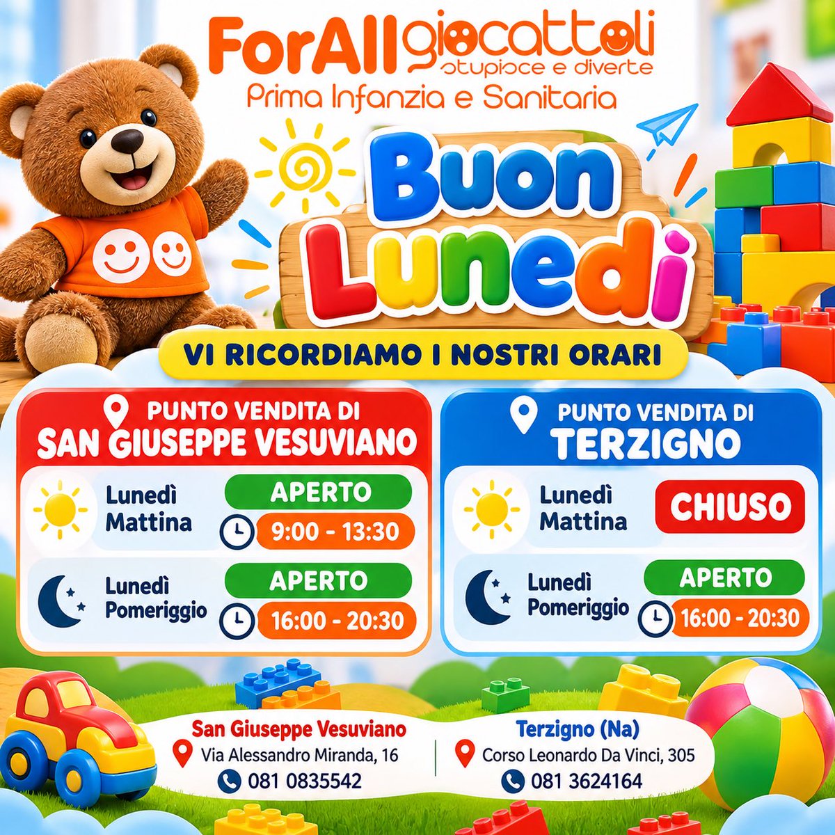 ForAllGiocattol's tweet photo. Buongiorno e buon inizio lunedì e di settimana a tutti. Vi ricordiamo che il punto vendita di Terzigno questa mattina è chiuso, aperto regolarmente oggi pomeriggio. Il punto vendita di San Giuseppe Vesuviano è aperto regolarmente mattina e pomeriggio. https://t.co/lHA6FzXpEZ