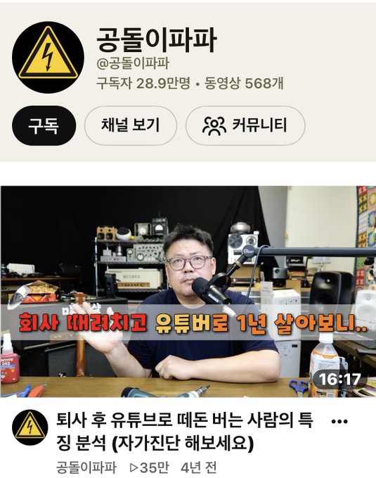 The image shows a YouTube channel profile for "공돌이파파" (Gongdori Papa), a Korean tech YouTuber with 289K subscribers and 568 videos, featuring a thumbnail of the creator speaking into a microphone with Korean text reading "회사 때려치고 유튜브로 1년 살아보니.." (I quit my job and lived off YouTube for a year). Below is a video titled "퇴사 후 유튜브로 며톤 버는 사람의 특징 본색 (자각진단 해보세요)" (The true characteristics of people who make money on YouTube after leaving their job), uploaded 4 years ago. The post relates to the video, suggesting that while YouTubers exaggerate their earnings, Gongdori Papa (290K subscribers) reveals his actual income of about 1.5 million won per month after the initial algorithm boost fades.