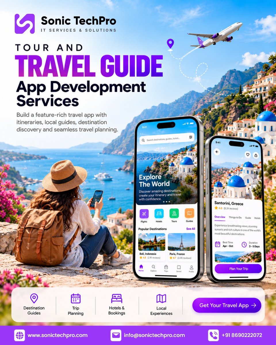 SonicTechPro's tweet photo. Build smarter travel experiences with Sonic TechPro.

Our Tour &amp; Travel Guide Apps combine GPS navigation, offline maps, multilingual audio guides, personalized itineraries, bookings, and AR experiences.

Explore: https://t.co/TFoRnbnqG8

#TravelTech #AppDevelopment https://t.co/WxV491zP2b