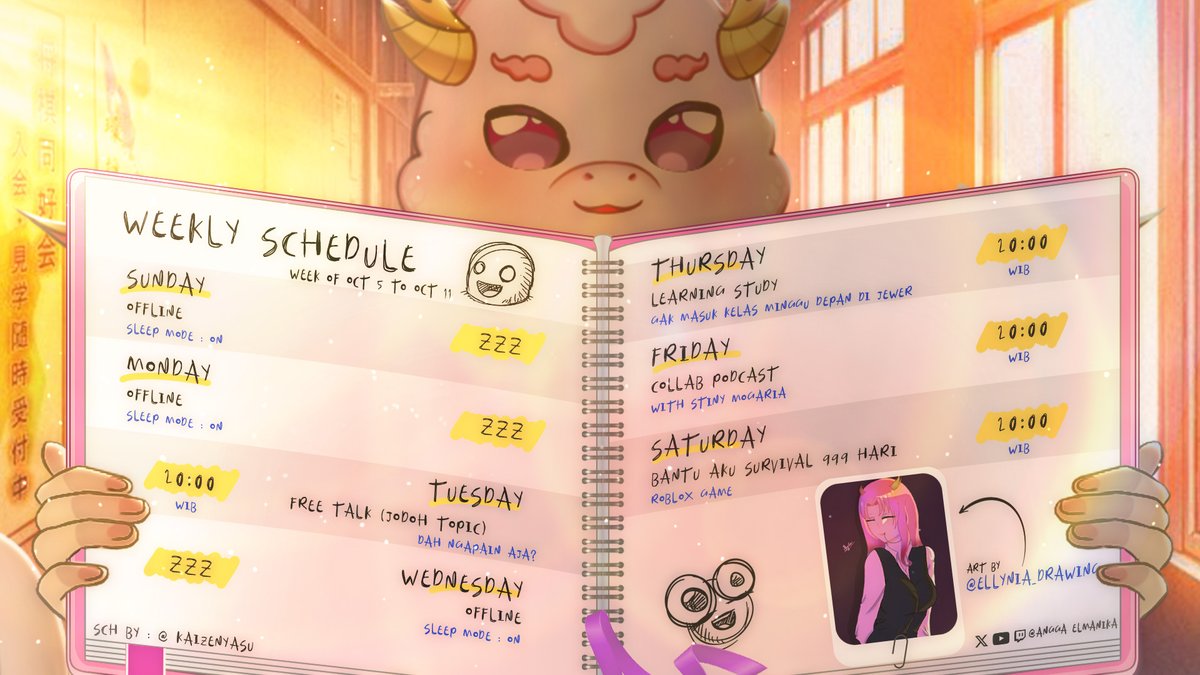 AnggaElmanika's tweet photo. ✨ WEEKLY SCHEDULE ANGGA — 5–11 OKTOBER! ✨
VTuber • Teacher • Entertainer
─────────────
#AnggaElmanika #VTuberIndonesia #VTuberID #IndoVTuber #VTuber #WeeklySchedule #JadwalStream #LiveStream #YouTubeIndonesia #TwitchIndonesia #VTuberCommunity #VTuberLife https://t.co/qTltIwfpbA