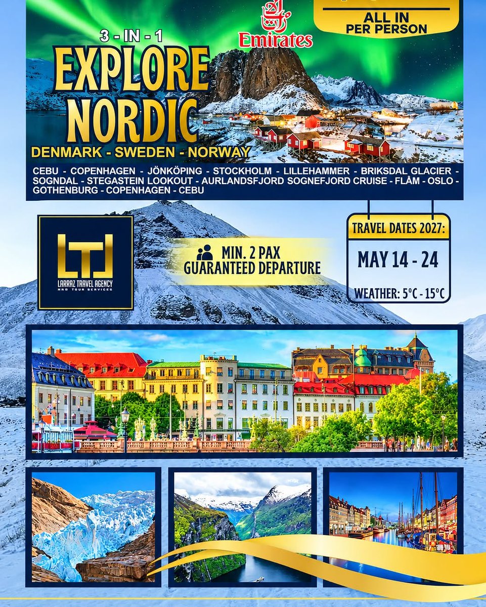 FKazmac's tweet photo. Chase the Northern Lights across Denmark, Sweden, and Norway. 11 days, 8 nights from Cebu via Emirates. May 14–24, 2027. Explore fjords, Briksdal Glacier, Flåm, Oslo, Stockholm, Copenhagen, and more. $2, 988 all-in per person. https://t.co/vRLFXDl64G