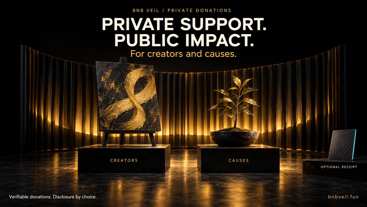 BNBVeil's tweet photo. Private donations on BNB Veil: support KOLs and causes without exposing your wallet 🟡

How it works:
1. Anyone creates a campaign: recipient address + title. Funds go straight to the recipient in the same tx; the contract holds nothing.
2. Donors deposit BNB into the privacy pool first.
3. Donate "via privacy pool" in standard lots. Your browser generates a ZK proof and a relayer submits it. On-chain, the donor shows up as the donation contract, not your wallet.
4. Optional receipt: a secret only you hold. Present it anytime to prove "this donation was mine". Don't, and nobody can link it to you.

What stays public: campaign totals, donation count, timing. Every BNB is verifiable.
What stays private: which wallet donated.

Where this matters:
• Tipping KOLs and creators without your wallet being tracked, copy-traded or doxxed
• Charity and humanitarian causes where donors shouldn't have to publish their stance
• Disaster relief: the recipient is transparent, donors aren't exposed to scam targeting
• Open-source grants, bug bounties, community fundraising
• Matching or recognition later: show the receipt, not your whole wallet

Tip: always verify a campaign's address through the recipient's official channel, and give the pool some time before donating.

Donate privately → https://t.co/YYDyzoQU8u