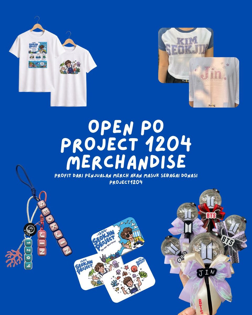 MadnaeJin1204's tweet photo. 🛍️ OPEN PO: PROJECT 1204 MERCH!

Jajan eksklusif merch sekaligus donasi untuk kado terumbu karang Seokjin! Seluruh profit penjualan akan menjadi donasi Project 1204. 

⚠️ NOTE: PENGIRIMAN HANYA UNTUK WILAYAH INDONESIA (Domestic Shipping Only) 🇮🇩
Kuota terbatas, langsung amankan slot PO-mu di sini:
👉https://t.co/Gn41hPgffS 

#Project1204 #Seokjin #agiftforthesea #SeokjinBirthdayproject #FanMerch