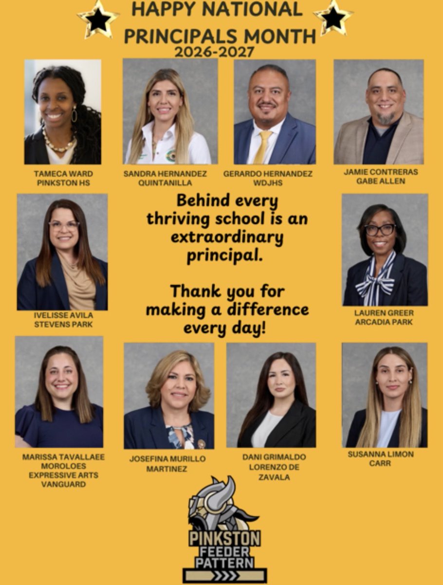 PathtoPinkston's tweet photo. Happy National Principals Month! ⭐️

Celebrating our incredible Pinkston Feeder Pattern Principals who lead with purpose, inspire excellence, and make a difference for students, staff, and families every single day! 💛🖤 #RII #BuiltIIWin #PoweredIIPerform @Tanya_N_Shelton https://t.co/etwsm6s97z