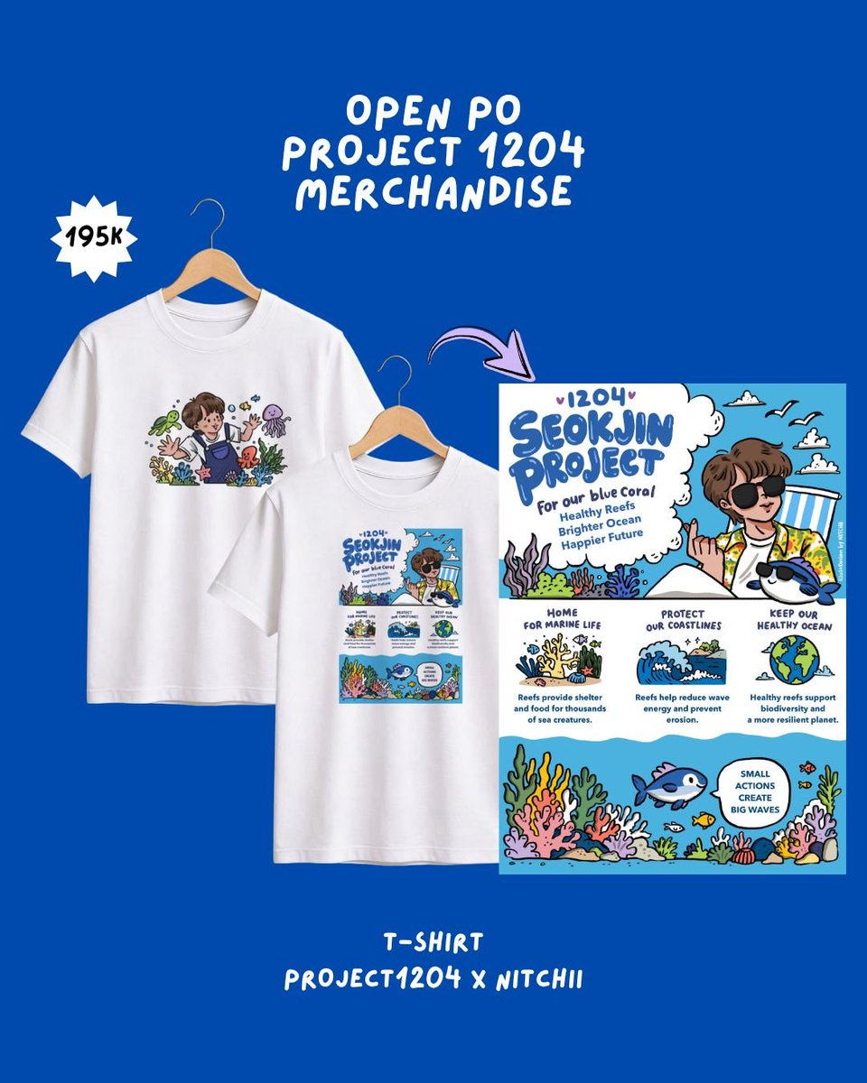 MadnaeJin1204's tweet photo. 🛍️ OPEN PO: PROJECT 1204 MERCH!

Jajan eksklusif merch sekaligus donasi untuk kado terumbu karang Seokjin! Seluruh profit penjualan akan menjadi donasi Project 1204. 

⚠️ NOTE: PENGIRIMAN HANYA UNTUK WILAYAH INDONESIA (Domestic Shipping Only) 🇮🇩
Kuota terbatas, langsung amankan slot PO-mu di sini:
👉https://t.co/Gn41hPgffS 

#Project1204 #Seokjin #agiftforthesea #SeokjinBirthdayproject #FanMerch