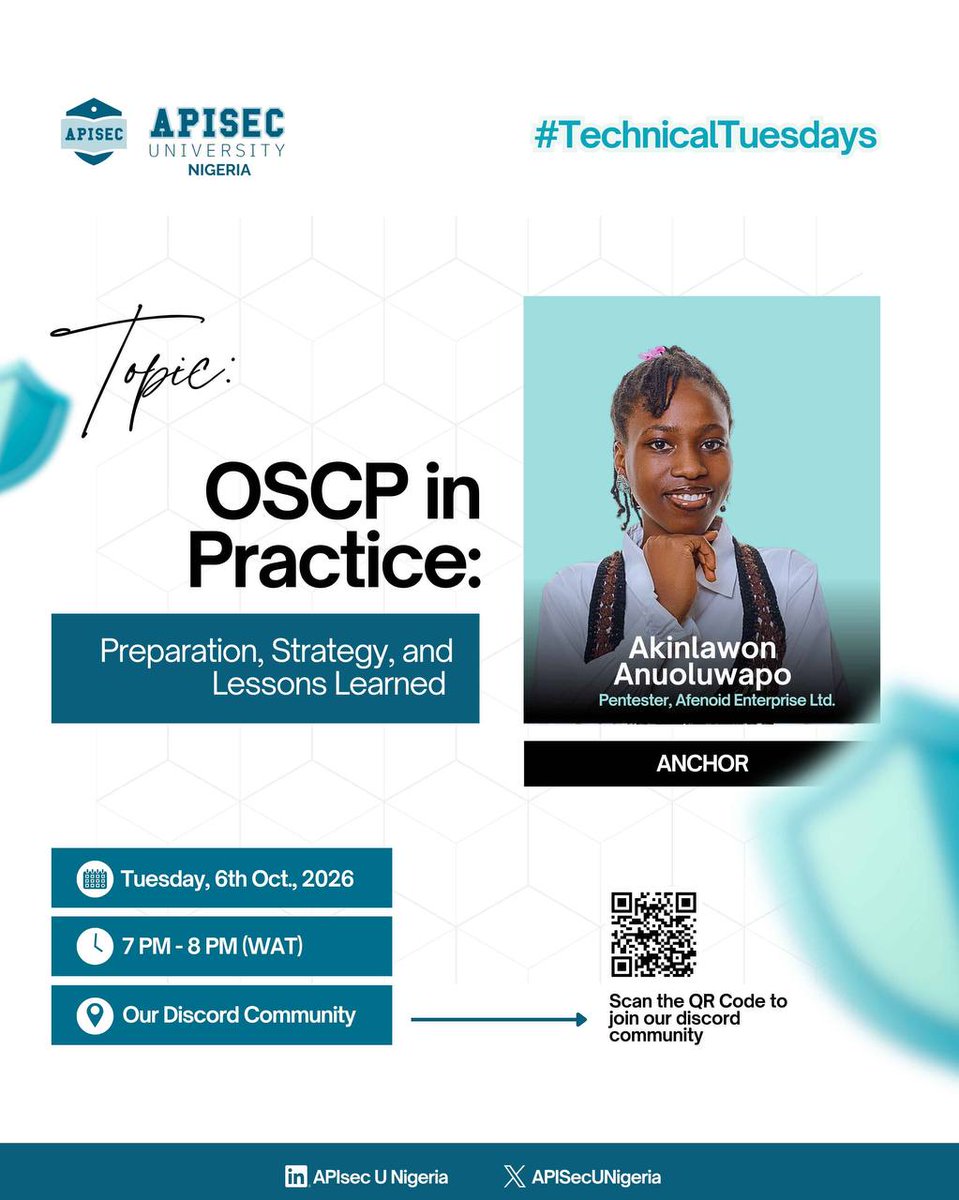 APIsecUNigeria's tweet photo. π― Thinking about OSCP?
This one's for you.
"OSCP in Practice: Preparation, Strategy, and Lessons Learned"
Anchored by Akinlawon Anuoluwapo, Pentester @ Afenoid Enterprise Ltd.
ποΈ Tue, Oct 6
β²οΈ 7:00 - 8:00PM WAT
π Our Discord
#APIsecUNigeria #OSCP #TechnicalTuesdays https://t.co/llH6nsnZ3U