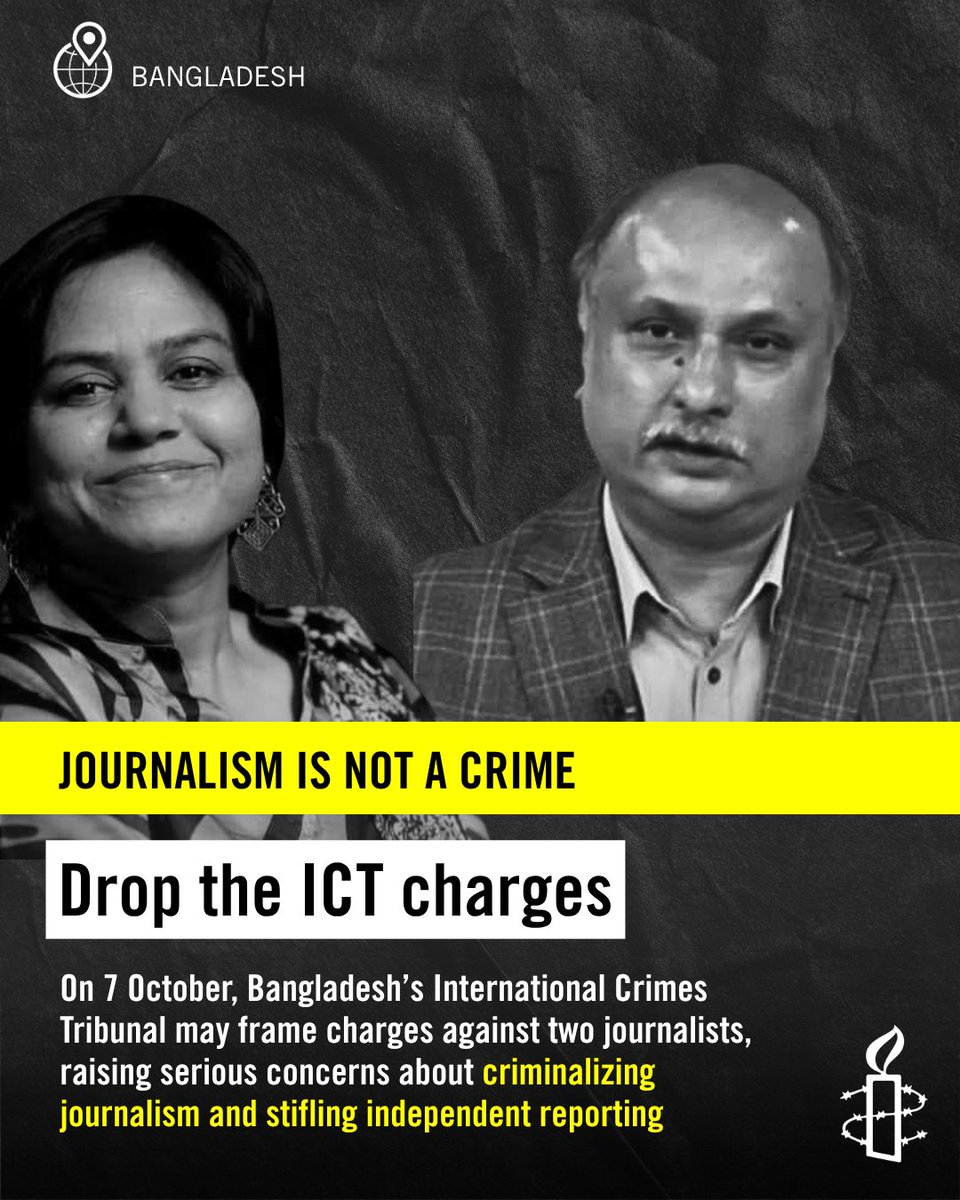 amnestysasia's tweet photo. Bangladeshi authorities must immediately drop charges against journalists Farzana Rupa and Mozammel Haque and protect freedom of expression and media freedom, in line with Bangladesh's international human rights obligations. Freedom of expression protects information and opinions that may offend, shock or disturb. Arresting journalists for their reporting, even if disagreeable, violates that right and threatens media freedom.