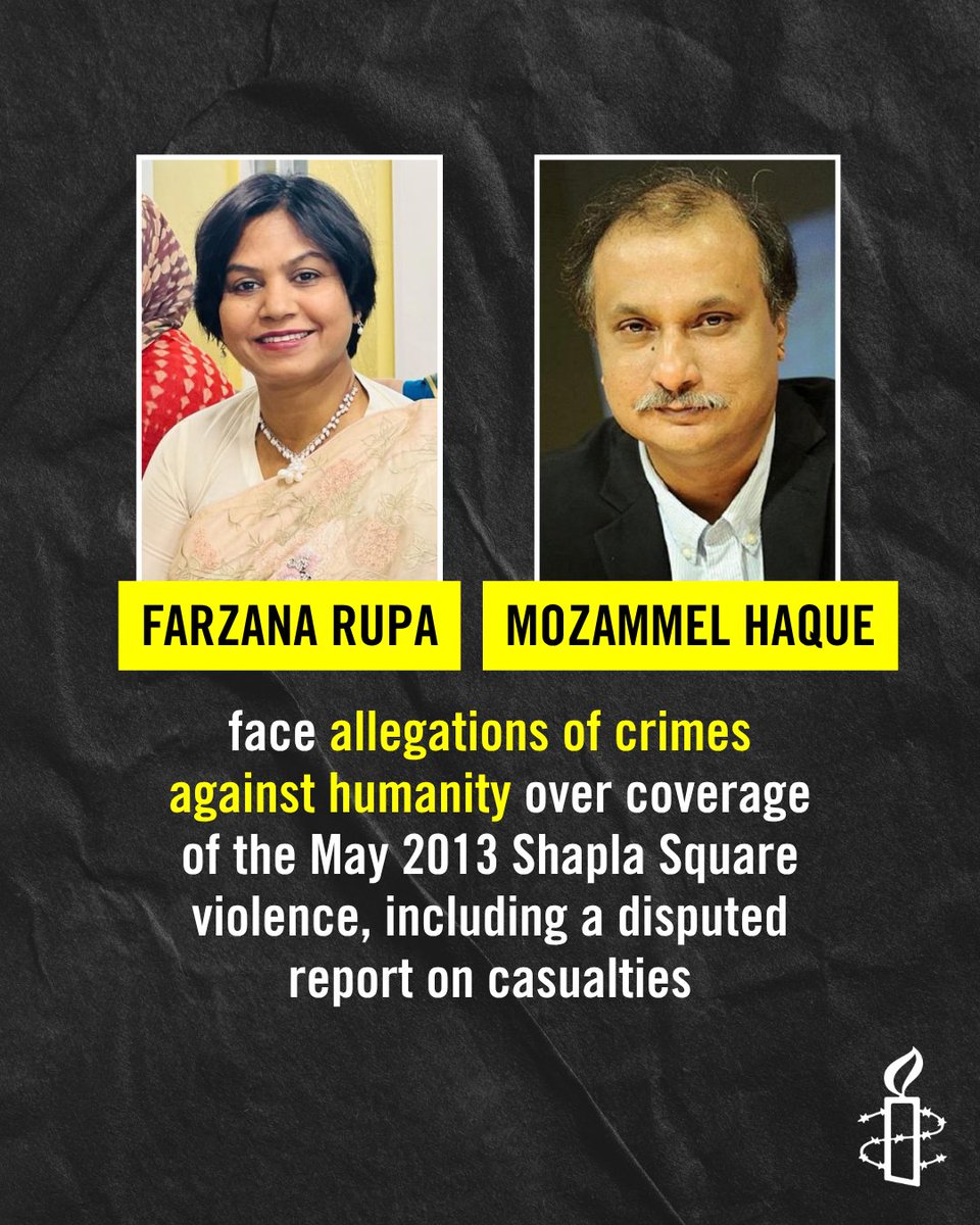 amnestysasia's tweet photo. Bangladeshi authorities must immediately drop charges against journalists Farzana Rupa and Mozammel Haque and protect freedom of expression and media freedom, in line with Bangladesh's international human rights obligations. Freedom of expression protects information and opinions that may offend, shock or disturb. Arresting journalists for their reporting, even if disagreeable, violates that right and threatens media freedom.