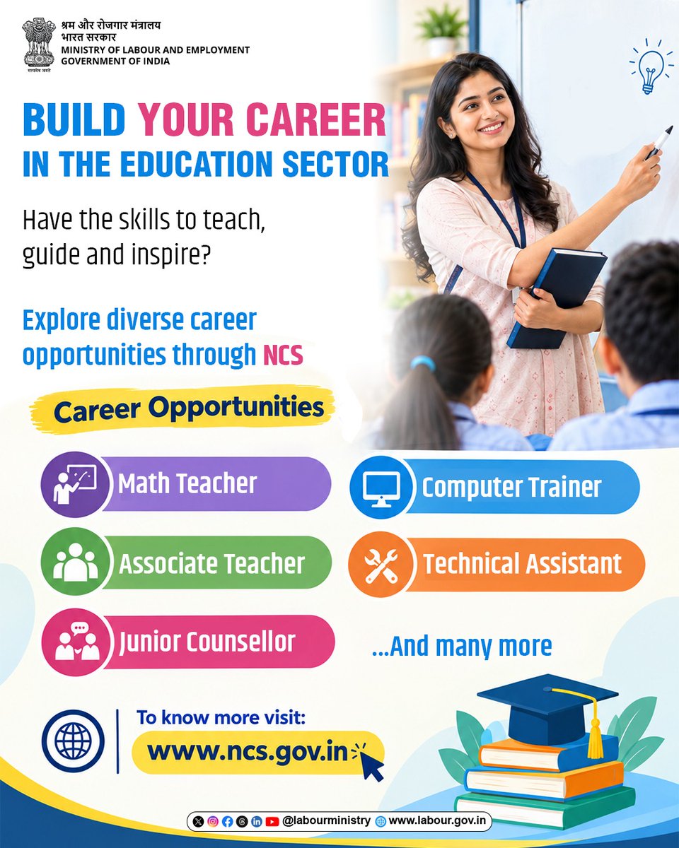 LabourMinistry's tweet photo. Looking to build a career in the Education Sector 🎓 

#NCS connects job seekers with diverse career opportunities across the education sector helping you find the right role and take the next step in your career journey.

Visit https://t.co/rKYbHsoENu and register today.

#MoLE https://t.co/ptgPTwqH8p