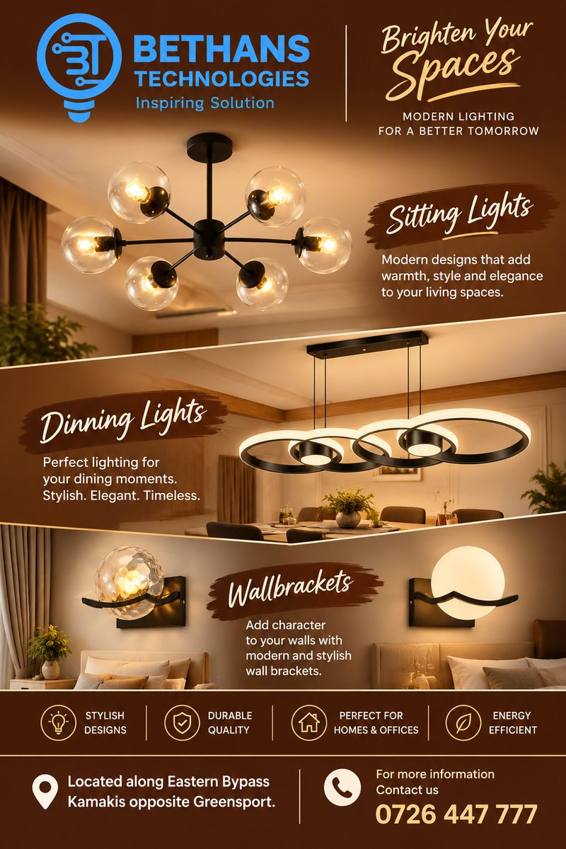 BethansTech's tweet photo. ✨ Bethans Technologies – Modern Lighting
Brighten your space with style!
Discover elegant Sitting Lights, Dining Lights &amp; Wall Brackets designed to bring warmth, beauty and a modern touch to your home or office.
#KaziSioEmotions https://t.co/3KE6o2ryiT