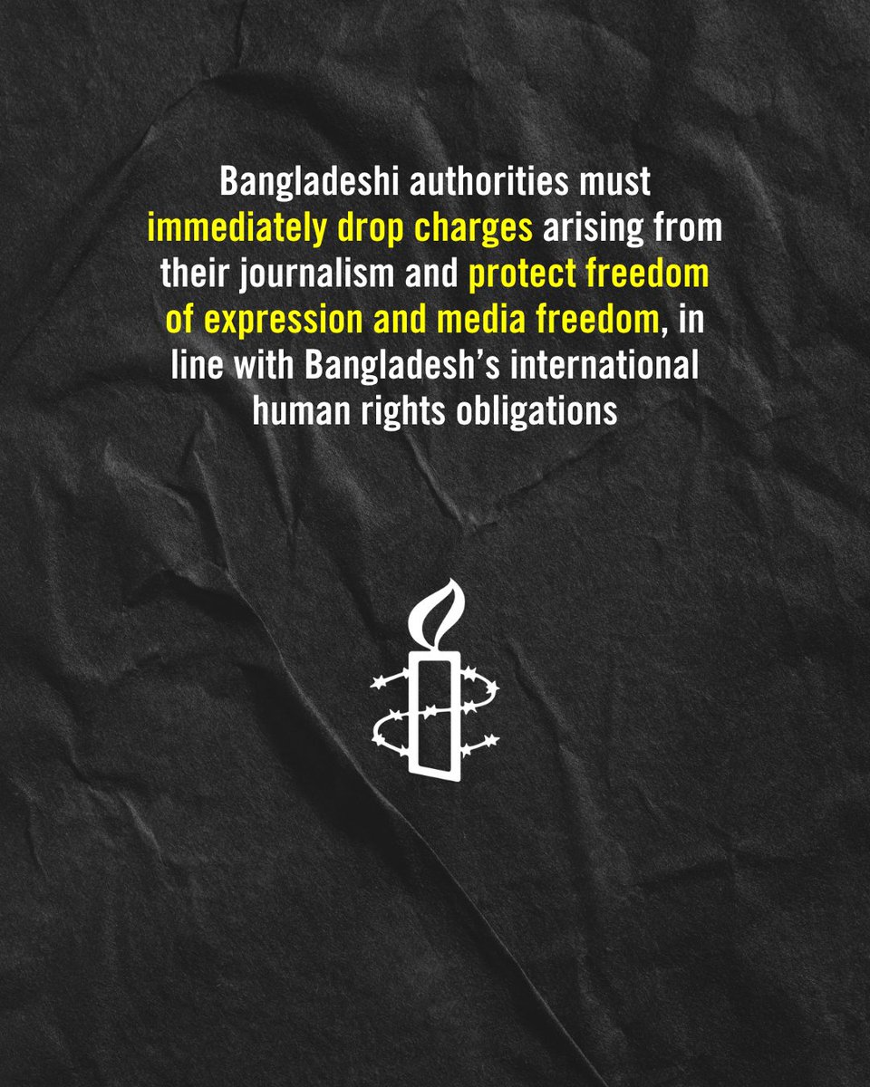 amnestysasia's tweet photo. Bangladeshi authorities must immediately drop charges against journalists Farzana Rupa and Mozammel Haque and protect freedom of expression and media freedom, in line with Bangladesh's international human rights obligations. Freedom of expression protects information and opinions that may offend, shock or disturb. Arresting journalists for their reporting, even if disagreeable, violates that right and threatens media freedom.