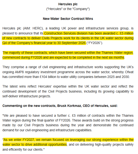 1James1n1's tweet photo. #HERC - Contract Wins
➡️Wins a further £5m of contracts mainly with Thames Water.
➡️Contracts started in Q4 FY26 and will mostly complete in coming 6 months.
A risk and benefit of short term contracts is the cliff-edge when they end, & opportunity to announce new wins. https://t.co/RZzwsVi45G