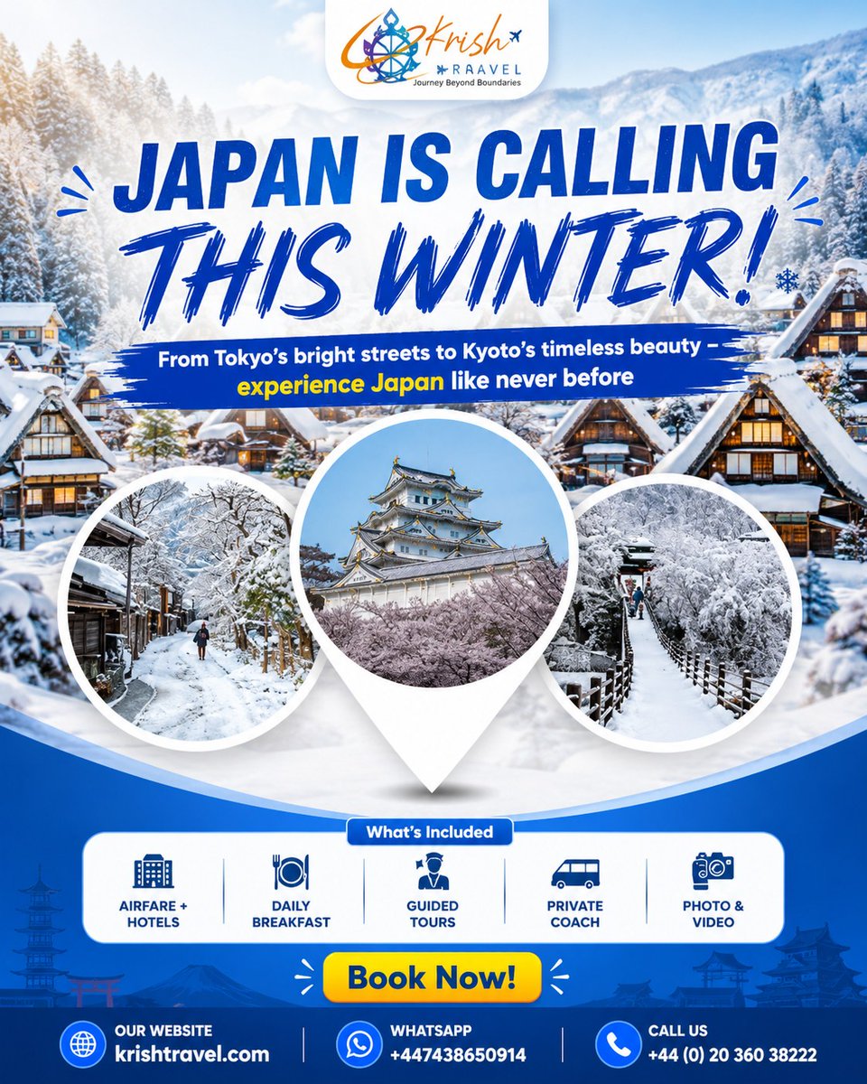 CaraRodas's tweet photo. Japan is calling this winter. Explore Tokyo’s vibrant city life, Kyoto’s timeless charm, and breathtaking snow-covered landscapes. Includes airfare, hotels, daily breakfast, guided tours, private coach, and photo/video. Make your winter escape https://t.co/OWCYLkfByx