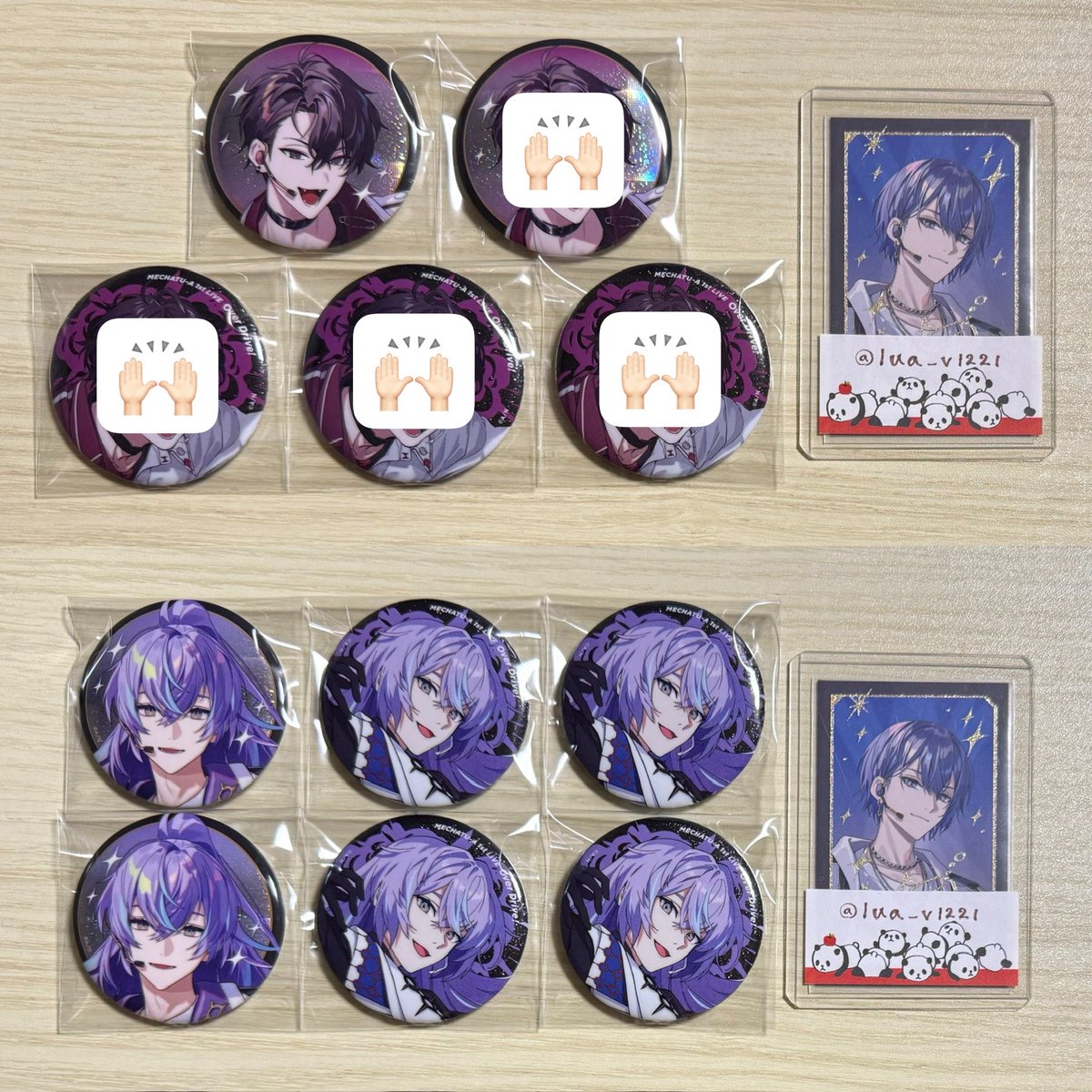 lua_v1221's tweet photo. 【交換】にじさんじ MECHATU-A めちゃつえー ライブ グッズ Over Drive! 1st LIVE  缶バッジ チェキ カード

求)画像💕
→缶バ同種
→紙類💕いづれか(コンプ目的含む)

譲)画像

郵送or池袋手渡し(直近10/7.10/9)
最短発送日10/6(火)

⚠️(紙類含む方＞IDの方を含む方)のみ

お気軽にお声掛けください🌷 https://t.co/Bir8bAcEcj