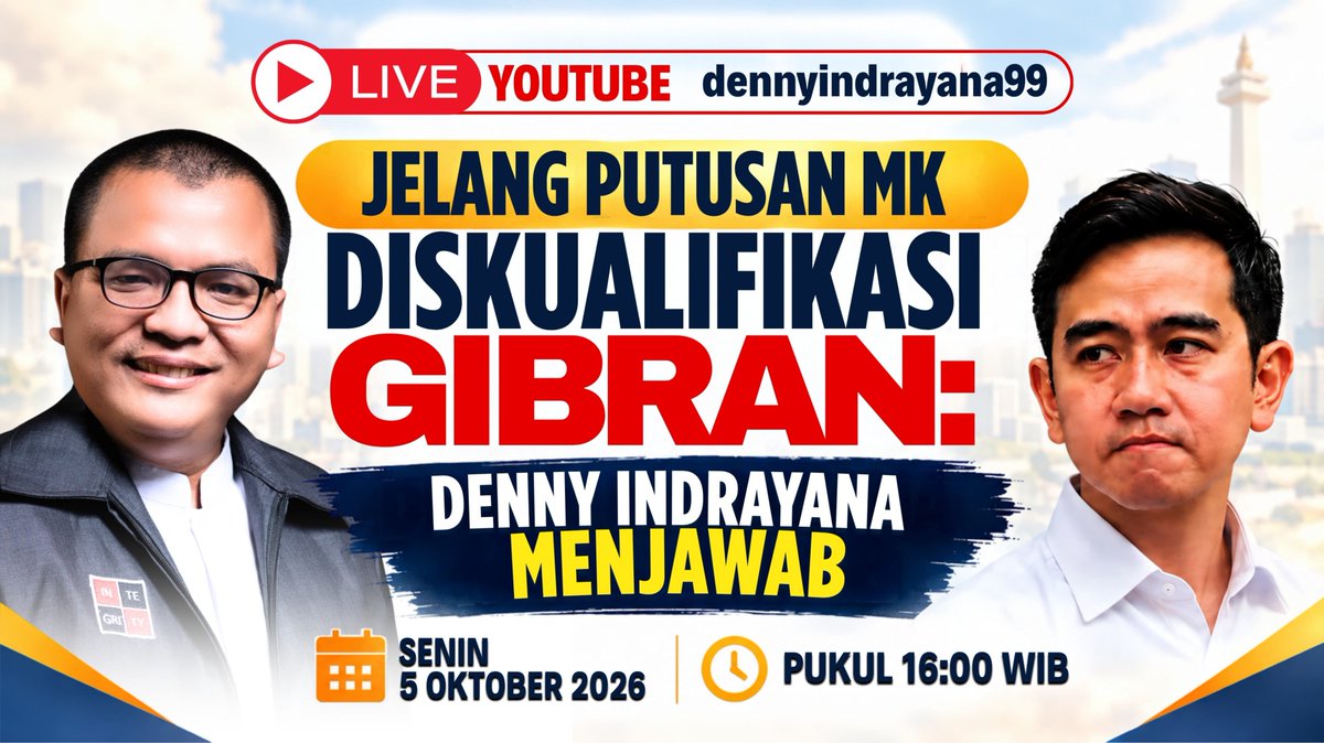 dennyindrayana's tweet photo. https://t.co/cnwbgWaKob

Menjelang Putusan Diskualifikasi Gibran, banyak pertanyaan kepada saya. Langsung saja saya jawab lewat live youtube sore  ini pukul 16:00 WIB. Silakan bergabung dan langsung bertanya lewat kolom komentar. Saya tunggu ya.

Salam Integritas! https://t.co/9N8fXTDdLT