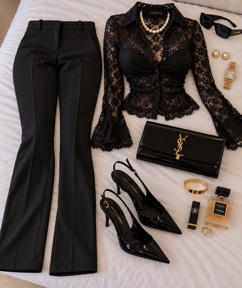 PinkPrivilege5's tweet photo. A black lace blouse and tailored trousers laid out with patent slingbacks, a YSL clutch, pearls, and Chanel perfume. https://t.co/bAL98Hmwqh