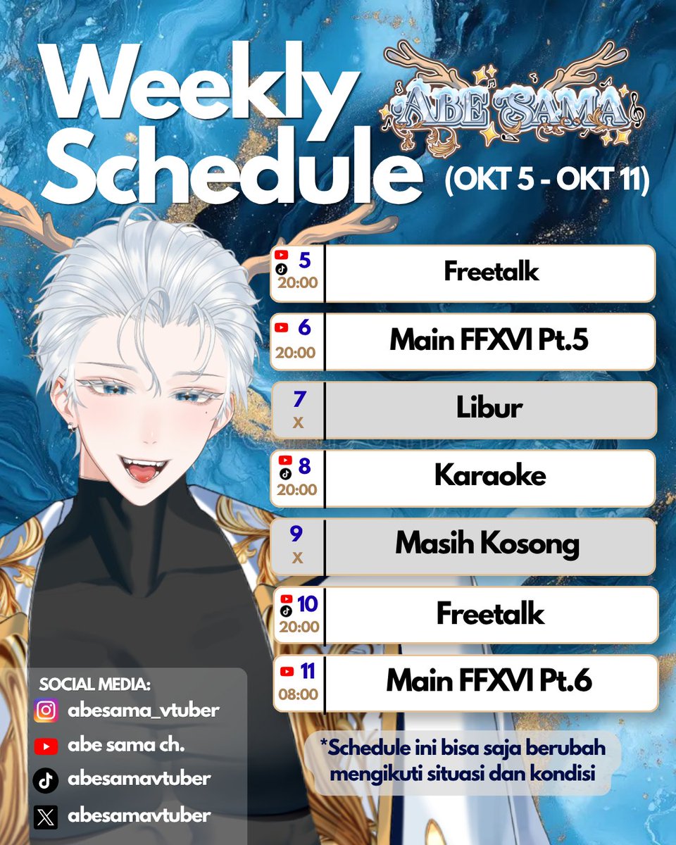 abesamavtuber's tweet photo. Schedule minggu ini sudah turun ya guysss
【Hashtag】
FanName: #Abestie
General: #AbeSama
Fanart: #ArtAbeSama
Meme: #MemeAbeSama
Clip: #ClipAbeSama
Music: #MusicAbeSama
#vtuber #vtuberid #vtuberindonesia https://t.co/JPBlzj4mpq