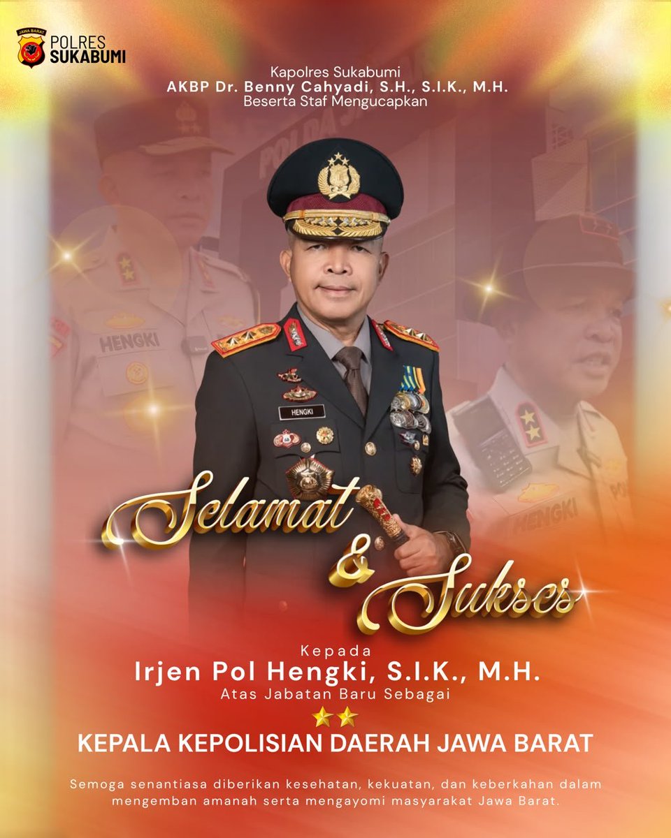 polsek_surade's tweet photo. SELAMAT &amp; SUKSES
Irjen. Pol. Hengki, S.I.K., M.H.

Atas amanah dan jabatan baru sebagai Kapolda Jawa Barat.

#poldajabar #kapoldajabar #polressukabumi #jawabarat https://t.co/99hpN7yPhH