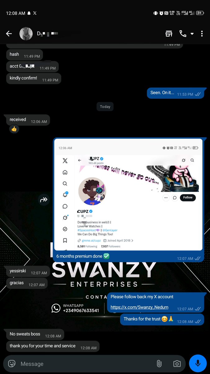 Swanzy_Nedum's tweet photo. Premium gifting is still available ‼️‼️

The only thing that changes is just Prices, it increased abit 

Plans available now 
✔️ 3 Months premium gifting 🎁 
✔️ 6 Months premium gifting 🎁
✔️ 1yr premium gifting 🎁 

Still been done via gifting, Just with ur X username u will get it done under 10 to 20 minutes as usual 👍 

Rules still remain the same ; 
No recent changes on the account for the past 72hrs and no blue tick on the account.

If u need my services dm or use any of this handles to contact me

📲 WhatsApp: +2349067633541
𝕏 @Swanzy_nedum
Telegram: @Swanzyweb33

DM to get yours. 🚀 

#premuimgifting #3months #6months #giveaway