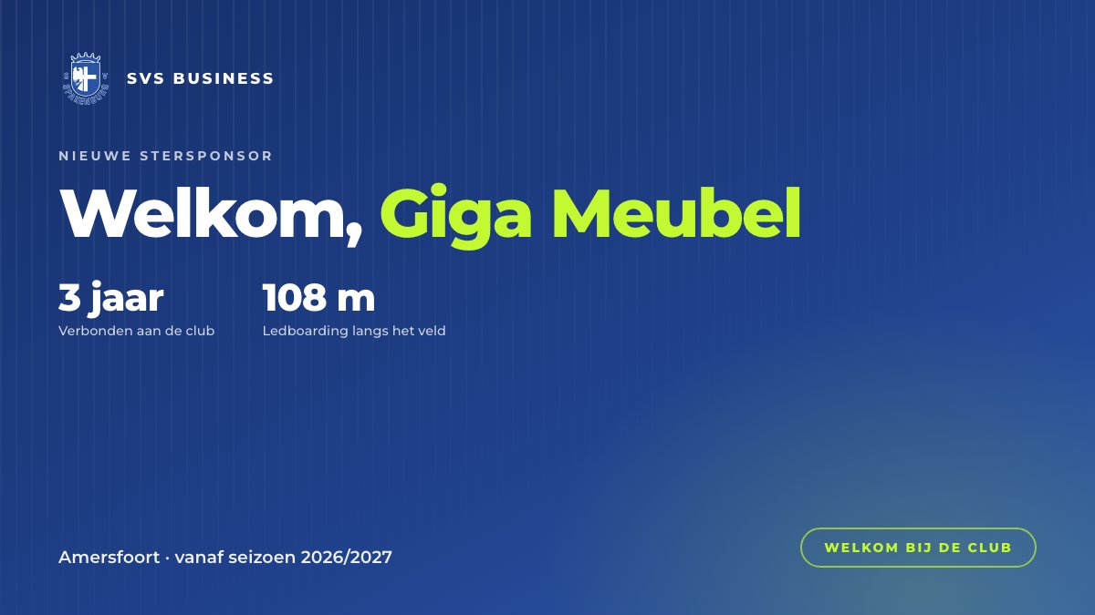 svs_business's tweet photo. Welkom, Giga Meubel!

De meubelzaak uit Amersfoort is Stersponsor van onze businessclub. Drie jaar lang, met 108 meter ledboarding langs het veld.

Trots. Alex en Marcia, veel mooie wedstrijden toe.

https://t.co/AulnG7AZDQ

#SVSBusiness https://t.co/KWKNg4HzpW