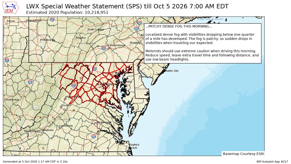 EricBourgois30's tweet photo. PATCHY DENSE FOG THIS MORNING for 1 forecast zones in [AN] and 1 forecast zones in [DC] and 18 forecast zones in [MD] and 18 forecast zones in [VA] and 6 forecast zones in [WV] till 7:00 AM EDT https://t.co/aZa9P5Sdnx https://t.co/WYDN7DaHdW