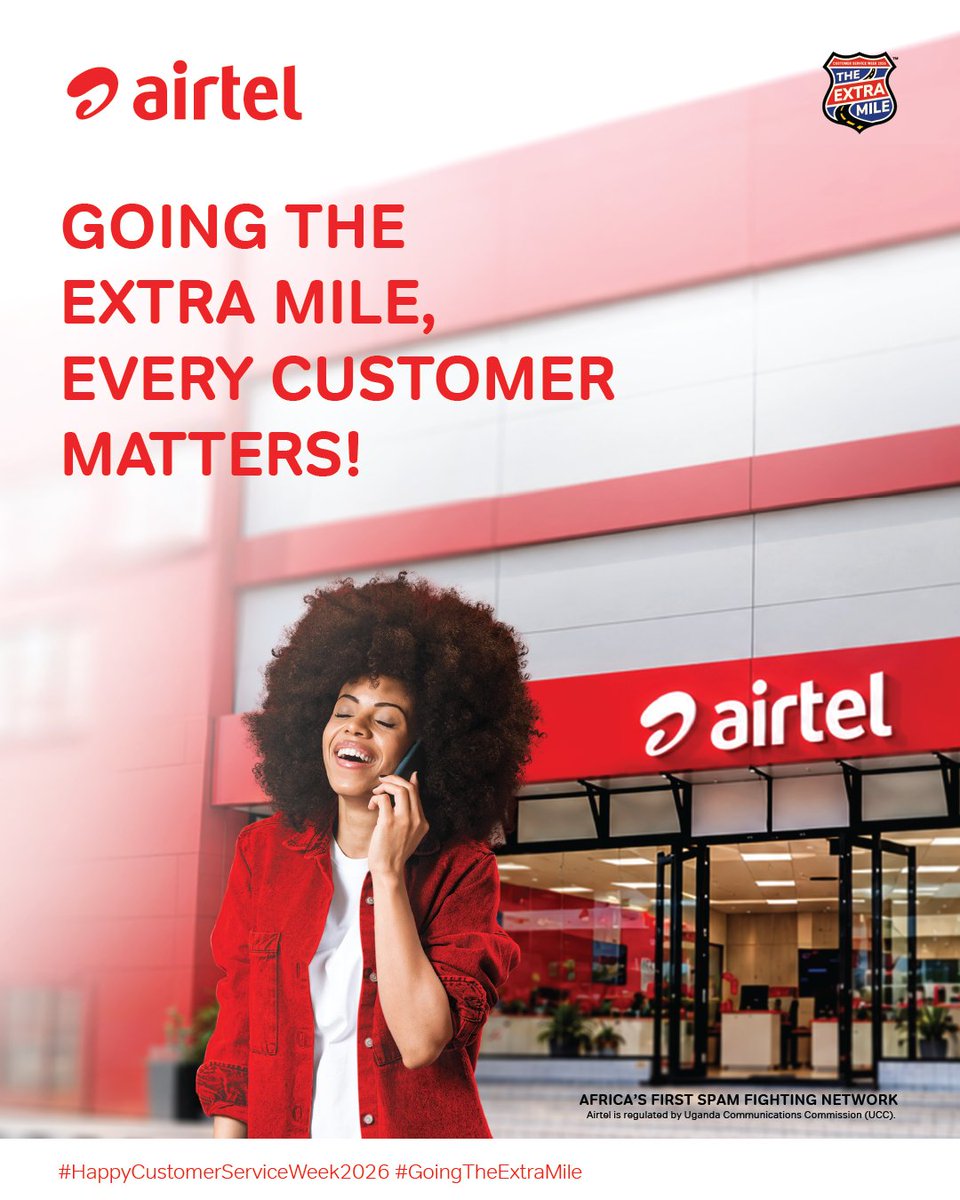 Airtel_Ug's tweet photo. Every customer deserves to feel valued, heard and cared for.
This Customer Service Week, we celebrate the people who go the extra mile to make every Airtel experience better.
Because every customer matters.
#HappyCustomerServiceWeek2026 https://t.co/7HkN45DRyA