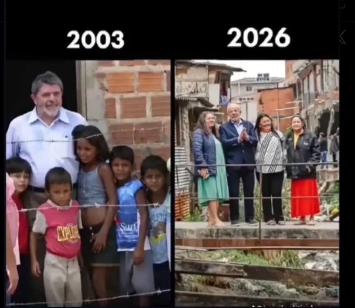 GuacamayanLeaks's tweet photo. El fracaso de la izquierda, #Lula 23 años después en el mismo barrio, con el mismo aspecto de miseria.

Solo buscan establecer la pobreza como dogma para eternizarse en el cargo y enriquecerse.

#Brazil
#México
#Comunismo https://t.co/NQjbArwyXj