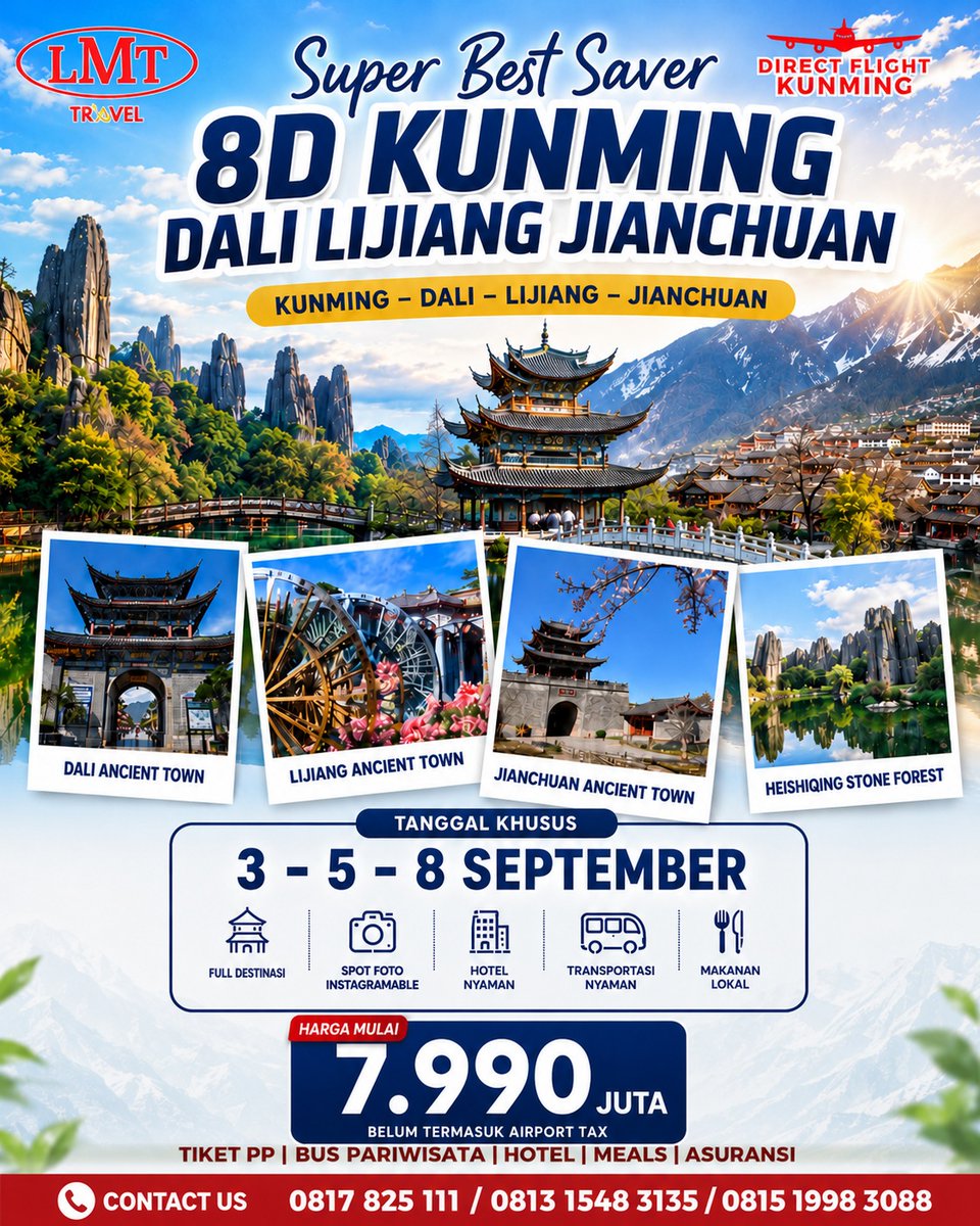 allroundtheworl's tweet photo. 8D Kunming – Dali – Lijiang – Jianchuan

3, 5, 8 September 2026
Mulai Rp7, 990 juta/pax
Belum termasuk airport tax

Termasuk tiket PP, hotel, meals, bus wisata, dan asuransi. Seat terbatas! https://t.co/xDgBKbKZM2