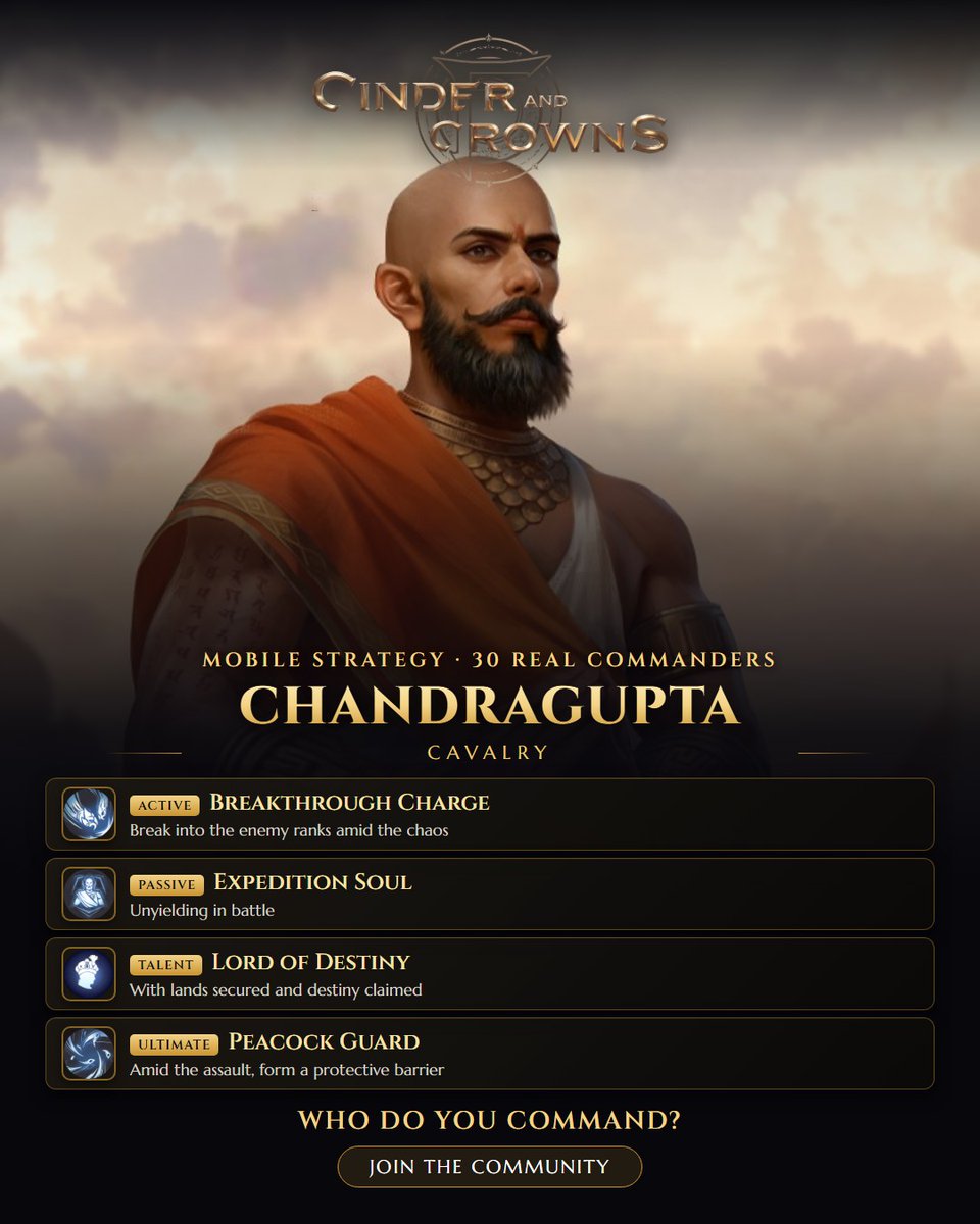 CinderNCrowns's tweet photo. Chandragupta · Cavalry — Break into the enemy ranks amid the chaos Join us 👉 https://t.co/ZelSeeevGs #CinderCrowns #StrategyGames https://t.co/WlOWrQR9kb