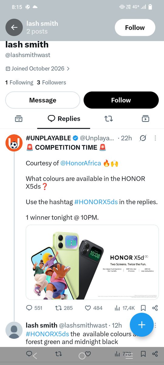 TyrenndumisoB's tweet photo. He created the account yesterday morning,  only tweeted about the competition and won later at night. He is only following @UnplayableZA . In this country, corruption is every sies 😂. https://t.co/rG4GtVwc7w