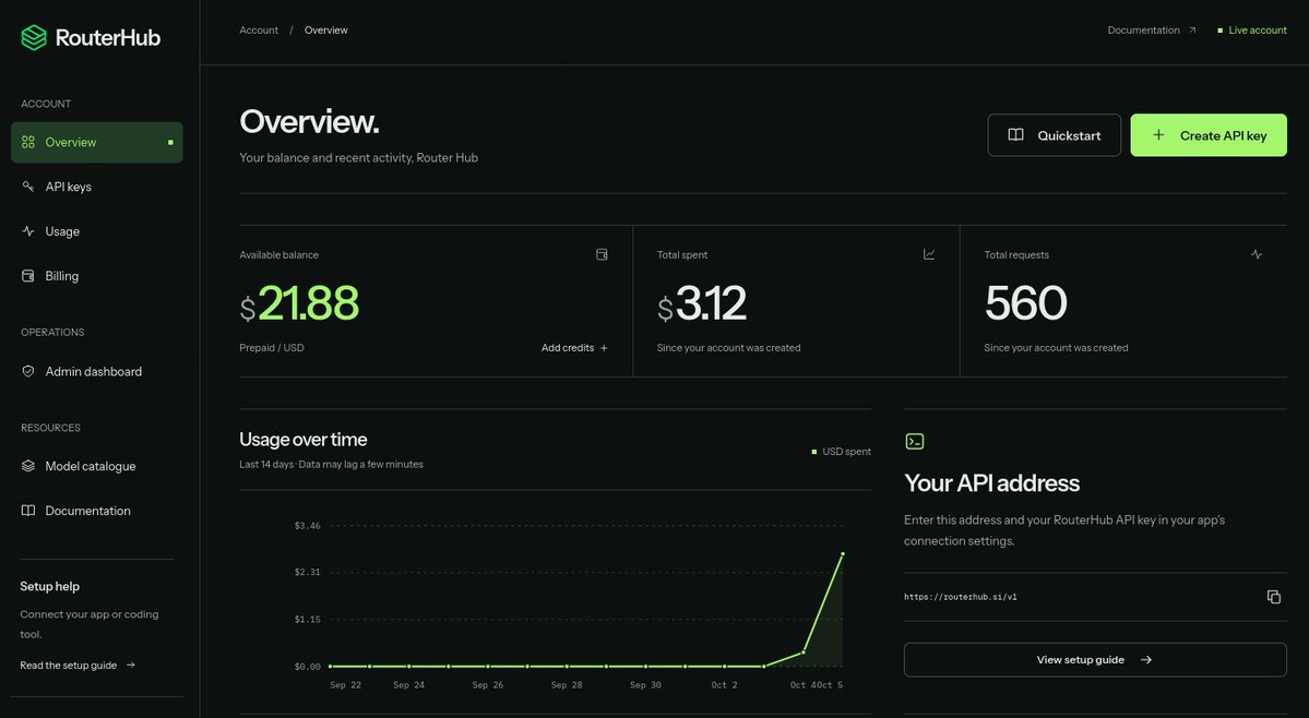 RouterHubSI's tweet photo. Your AI usage, all in one dashboard.

Manage API keys, track spending, and see usage insights across GPT and Claude with RouterHub.

One API key. A clearer view of what you use.

https://t.co/QaNjzGrZo2 https://t.co/AONSiByNk2