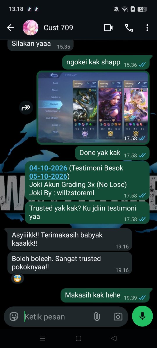 willzstoreml's tweet photo. 05-10-2026 
Testimoni Joki Akun Mythic  Grading 3x (No Lose) 

Yang mau Joki ML / Joki Akun Bisa Langsung WA ya :
Epic 4K / ⭐
Legend 5K / ⭐
Mythic 7K / ⭐ https://t.co/kJ7S3tysfB