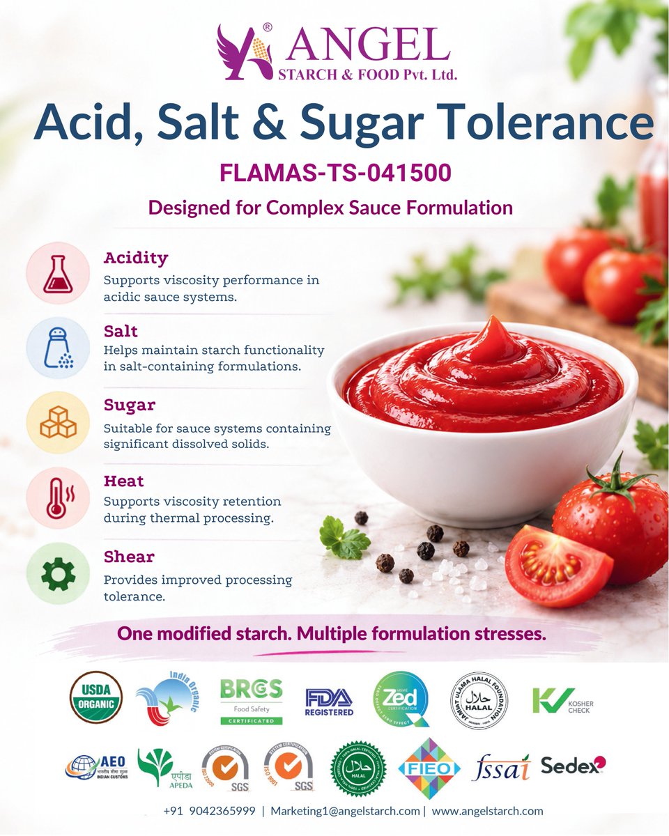 angel_starch's tweet photo. Thin ketchup after cooking? FLAMAS-TS-041500, tapioca-based E1422, is designed for acid, salt and sugar tolerance in complex sauces. One modified starch. Multiple formulation stresses.
 https://t.co/HD0Rv4kr2w 
#TapiocaStarch #FoodInnovation #Angelstarch https://t.co/4trC9PXcUT