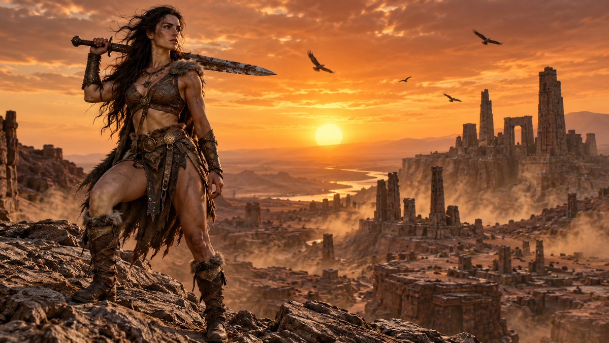 Splinter737's tweet photo. Beneath a blood‑red Hyborean sunset, she stands, blade raised over the ruins of the Iron Wastes. Dust and ash swirl around her as vultures circle the dying light. Strength carved from stone, resolve forged in fire.
#FantasyArt #EpicScene #ConanWorld #WarriorQueen https://t.co/Mj0djWSef0