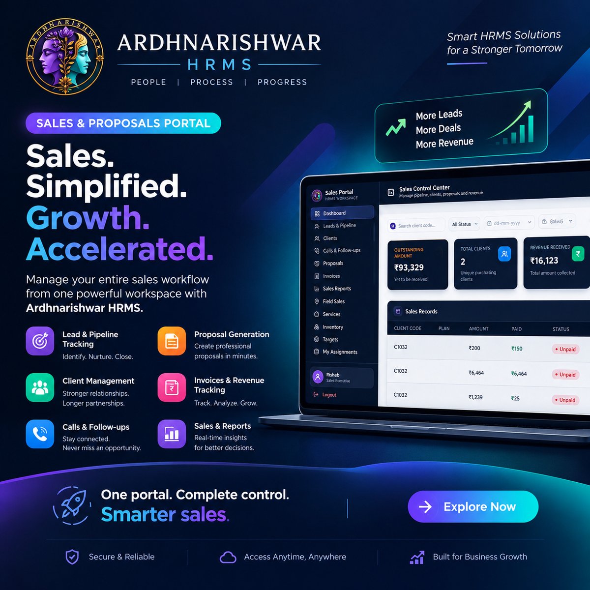 ardhnarishwarAI's tweet photo. 🚀 Twitter/X Post — Ardhnarishwar HRMS Sales Portal
Sales shouldn’t be about managing endless 
📊 Track leads &amp; sales
👥 Manage clients
📞 Follow-ups &amp; calls
📄 Create proposals &amp; invoices
💰 Monitor revenue &amp; payments
🎯 Track targets &amp; performance
🤖 AI-powered assistance https://t.co/UTekwG3u8z