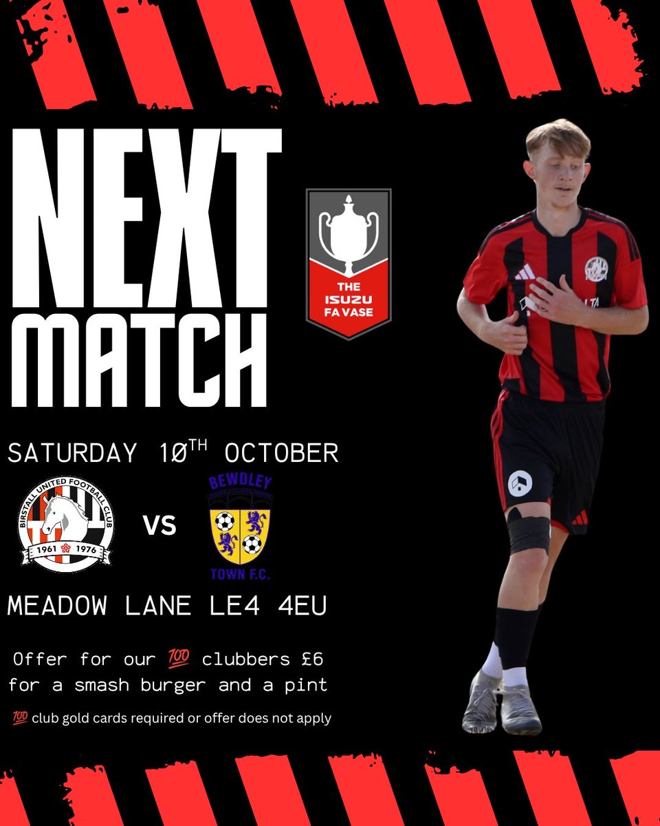 birstall_united's tweet photo. 🏆 FA VASE WEEK! 🏆

The countdown is on as we get set for a huge afternoon at Meadow Lane this Saturday.

It’s FA Vase action as we welcome Bewdley Town to Birstall for what promises to be a big cup tie. The Vase is always special, and with a place in the next round up for grabs, we’ll be giving everything to make sure we’re the ones celebrating at full time.

We’ll need everyone behind the lads from the first whistle. Get down to Meadow Lane, get behind the team and let’s make it a proper cup afternoon! 🐴