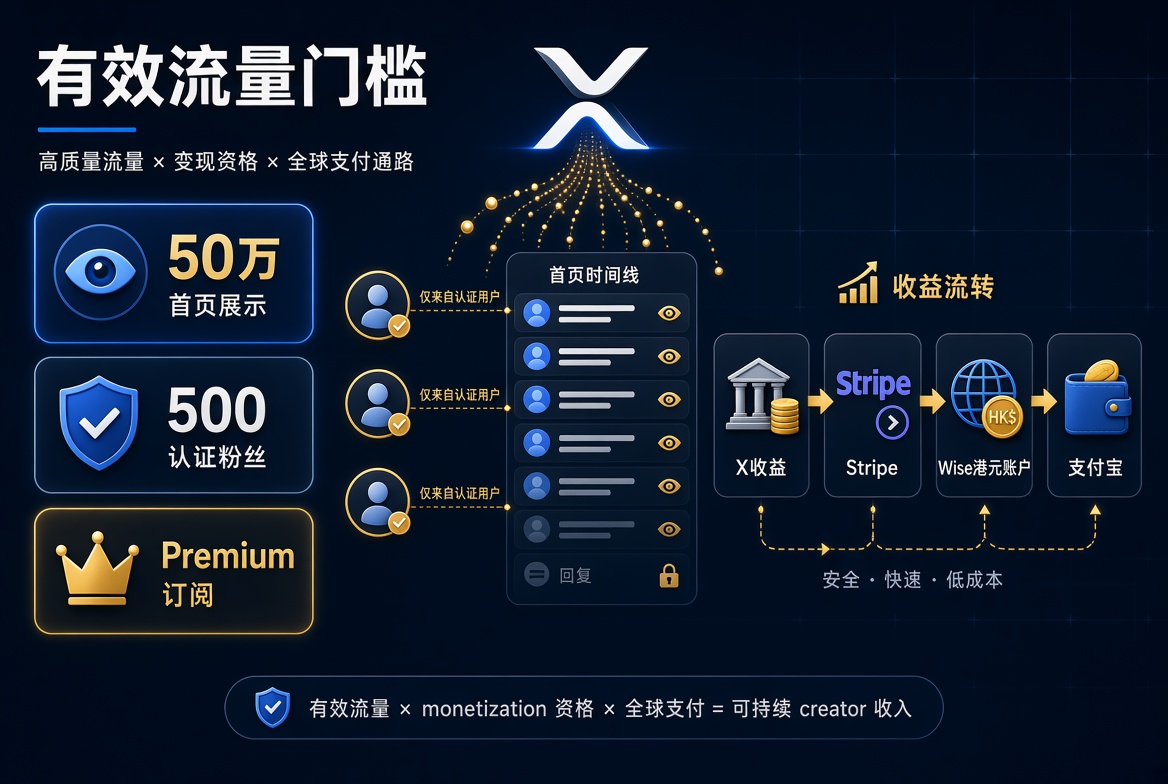 wenyanli914's tweet photo. 准备靠 X 原创内容赚钱，先搞懂这些规则。（用 ai 整理出来的有错误的话希望大家指出来，希望能帮助到刚刚来 推不了解的朋友）

一、申请门槛

入口：Creator Studio → Original Content Rewards

达到门槛不代表一定通过，X 还会审核账号和内容。

需要同时满足：

- 年满 18 岁，账号状态正常
- 个人号或商业号均可
- 订阅 Premium、Premium+ 或 Premium Business
- 至少 500 个已认证粉丝
- 最近 90 天，Home Timeline 获得至少 50 万次来自已认证用户的展示
- 持续发布原创内容
- 所在地区属于 X 开放范围

⚠️ 普通粉丝不算已认证粉丝。

50 万展示是申请门槛，不代表这 50 万都会产生收益。

二、什么展示才算钱？

真正影响收益的是 Qualified Impressions（合格展示）。

通常需要：

- 观看者属于符合条件的 Premium 用户
- 展示发生在 Home Timeline
- 帖子至少 50% 出现在屏幕内
- 同一用户重复查看同一帖子不重复计算
- 排除广告、刷量、欺诈等无效展示

所以：

50 万普通展示 ≠ 50 万合格展示 ≠ 固定收益。

X 没有公布固定的千次展示单价，实际收益还与用户类型、地区等有关。

三、哪些内容不适合变现？

- 搬运、抄袭、轻微修改
- 没有新观点的内容合集
- 跨平台直接转载
- 大量自动发布
- 主要靠求赞、求关注、求转发刷数据
- 主要教别人如何赚 X 收益
- 色情、有害或违规内容

评论区互动可以涨粉，但不要靠刷互动冲击 50 万门槛。

核心就是：持续原创 + 获得真实曝光。

四、钱怎么发？

简单理解：

美国用户 → X Money

美国以外符合条件的用户 → Stripe

具体付款方式以你账号后台为准。

非美国用户通常是：

X → Stripe → 收款银行账户

X 不会直接把收益打到 Wise、支付宝或国内银行卡。

五、Wise + Stripe

Wise 只是提供收款账户信息，不能解决 X 的地区资格问题。

符合条件的情况下，部分用户可能使用：

X → Stripe → Wise → 人民币/支付宝/银行卡

但这不是 X 官方保证的固定路线，是否可用取决于你的所在地、Stripe 规则以及 Wise 提供的账户信息。

⚠️ 不要虚构香港地址、身份或居住地。

X、Stripe、Wise 都可能进行身份审核。资料不一致可能导致审核失败、无法收款甚至资金被冻结。

六、Wise + Stripe 基本流程

1. 注册 Wise

用本人真实资料完成身份验证。

2. 获取收款信息

如果 Wise 提供 HKD 本地账户，按照你自己页面显示的 Account Number、Bank Code、Branch Code 等填写。

不要照抄别人教程里的银行信息。

3. 申请 X Original Content Rewards

进入 Creator Studio 提交申请，通过审核后再设置付款。

4. 连接 Stripe

非美国用户按照后台进入 Stripe，个人创作者通常选择 Individual，资料必须真实一致。

5. 添加收款账户

如果 Stripe 接受你的 Wise 账户，再按照页面要求填写。

---

最后提醒

不要想着刷 50 万展示。

互关、求赞、刷回复、买流量，都不是长期办法。

真正有价值的是：

原创内容 → 首页曝光 → Premium 用户观看 → 合格展示 → 收益

而且 50 万只是申请门槛，不代表 50 万展示全部可以拿钱。

X 的变现、地区和付款政策可能调整，涉及 X、Stripe、Wise、税务和收款时，最终以你账号当时显示的官方规则为准。