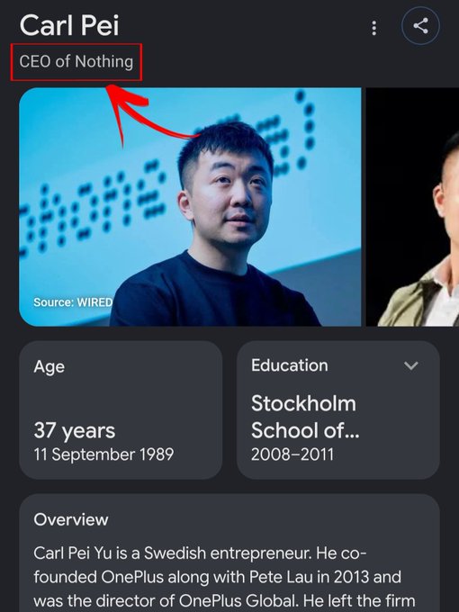 A profile page for Carl Pei, with a red arrow pointing to his title 'CEO of Nothing', noting his age as 37 years and his education at Stockholm School of Economics.