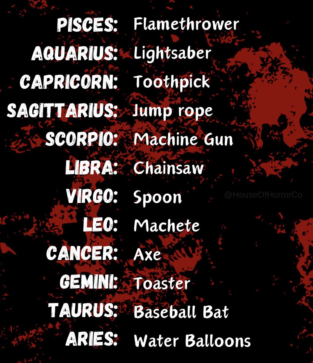 HouseOfHorrorCo's tweet photo. Zombies are coming! 🧟‍♂️

Your zodiac = your weapon 🪓

Are you surviving? 👀 https://t.co/pivIJ3HZty