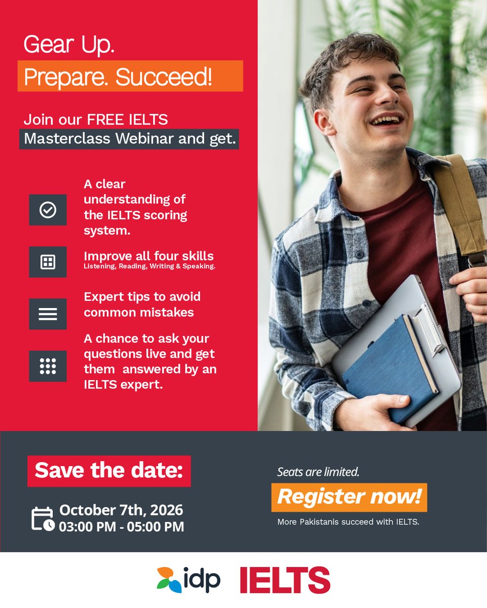 ieltsbyidppk's tweet photo. Learn, Prepare & Succeed!
Join IDP’s FREE IELTS Masterclass and learn directly from IELTS experts to build your confidence and maximise your score.
Register now: https://t.co/FmTXv63SfL
#IELTSbyIDP #IELTSWithIDP #FreeIELTSMasterclass #IELTSPrep #IELTSTips #IELTSPakistan https://t.co/HCPm29fq1M