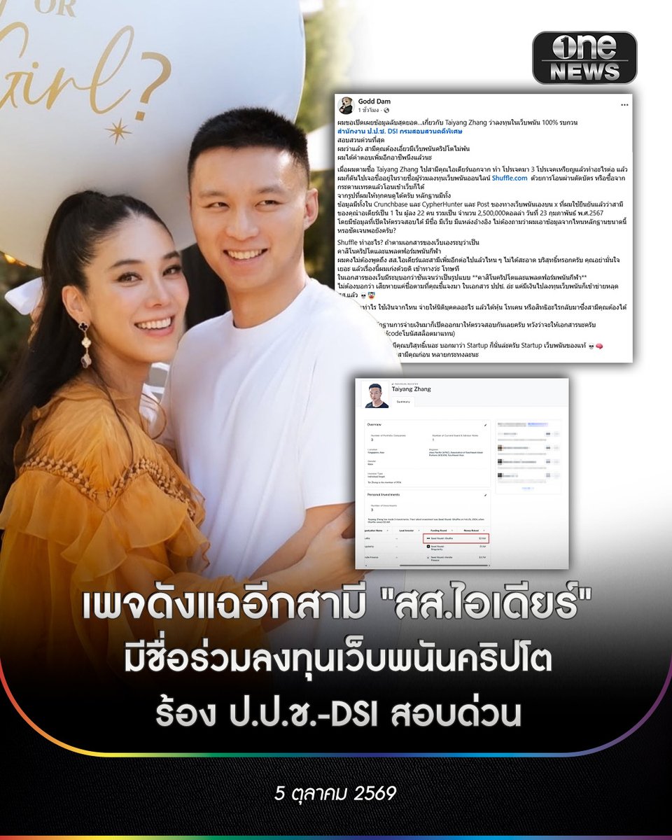 onenews31's tweet photo. 5 ต.ค. 69 เพจเฟซบุ๊ก "Godd Dam" โพสต์ข้อความแฉข้อมูลอ้างว่า นาย Taiyang Zhang สามีของ "สส.ไอเดียร์" มีรายชื่อร่วมลงทุนใน "https://t.co/ohNQgnYQkH" ซึ่งเป็นแพลตฟอร์มคาสิโนคริปโตและพนันกีฬาออนไลน์ พร้อมเรียกร้องให้ ป.ป.ช. และ DSI เข้าตรวจสอบโดยด่วน
.
ผู้โพสต์ระบุว่า จากการตรวจสอบข้อมูลในเว็บไซต์ฐานข้อมูลการลงทุน เช่น Crunchbase, CypherHunter รวมถึงโพสต์อย่างเป็นทางการของแพลตฟอร์มใน X พบว่า นาย Taiyang Zhang มีชื่อเป็น 1 ใน 22 ผู้ร่วมลงทุน ระดมทุนรวมมูลค่ากว่า 2.5 ล้านดอลลาร์สหรัฐ เมื่อวันที่ 23 กุมภาพันธ์ 2567
.
โดยเพจดังกล่าวยังตั้งคำถามถึงที่มาของเงินที่นำไปใช้ลงทุน ข้อตกลง สิทธิประโยชน์ หรือโธเคน (Token) ที่ได้รับกลับมา รวมถึงประเด็นความเหมาะสมและความบริสุทธิ์ผุดผ่องของตำแหน่ง สส. ซึ่งเข้าข่ายที่องค์กรตรวจสอบอย่าง ป.ป.ช. และ DSI ต้องเร่งขยายผลและเรียกเอกสารหลักฐานมาตรวจสอบข้อเท็จจริงต่อไป
.
#onenews
#สำนักข่าววันนิวส์