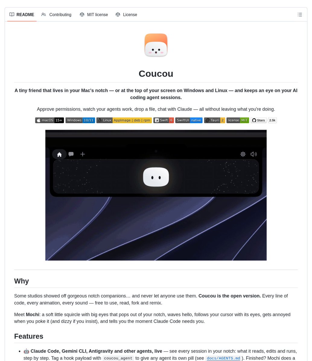 Coucou README screenshot showing a notch or top-of-screen desktop companion that watches AI coding agent sessions