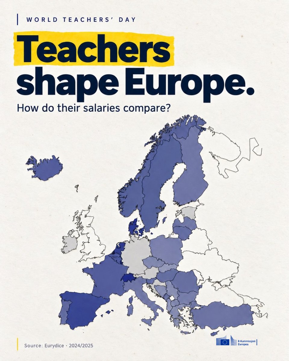 ECRepMalta's tweet photo. World Teachers’ Day is here!

Explore our #EurydiceEU interactive tool:
✔️ Compare salaries across 37 countries
✔️ Filter by education level, qualifications, year
✔️ Track career progression
✔️ Export charts and data

https://t.co/Sk5hIosgwp https://t.co/4IhqXLRXml