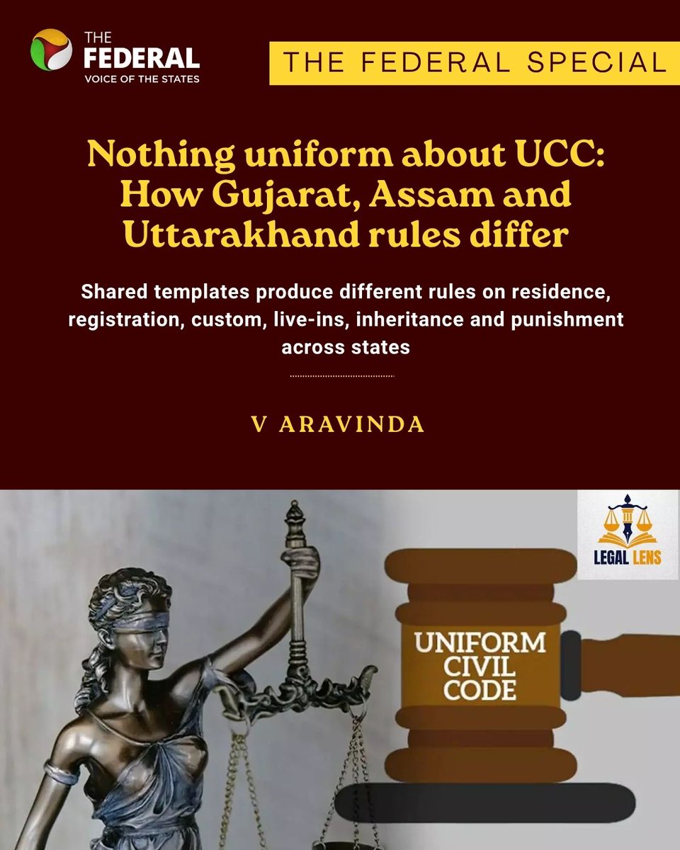TheFederal_News's tweet photo. The Federal Special | Shared templates produce different rules on residence, registration, custom, live-ins, inheritance and punishment across states, writes V Aravinda.
Read more: https://t.co/v9OfXd6Wsn
#UCC #UniformCivilCode #Uttarakhand #Gujarat #Assam https://t.co/YASpOok6Kv