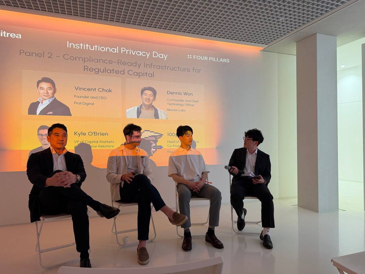 vchok's tweet photo. Joined Panel 2 at Institutional Privacy Day in Seoul, "Compliance-Ready Infrastructure for Regulated Capital", with @NewtonLabs and @zama.

The big shift is from reactive to proactive compliance. Instead of checking transactions after the fact, the rules sit in the rails. Counterparties are verified before money moves, the settlement asset is fully reserved, and the record is there whenever a regulator asks.

Privacy and compliance don't have to pull against each other. Good to discuss with teams building both sides of it.
