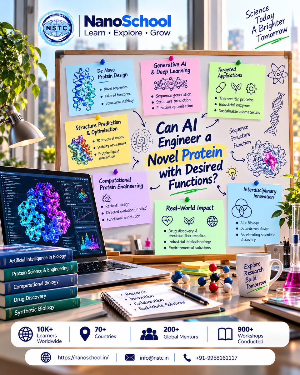 NSTC_2005's tweet photo. 🧬 Can AI engineer a novel protein with desired functions?

Generative AI + protein design + structure prediction are opening new possibilities in computational protein engineering.

#NanoSchool #ProteinDesign #ProteinEngineering #AIforScience #Biotechnology https://t.co/sRZxcCGvMR